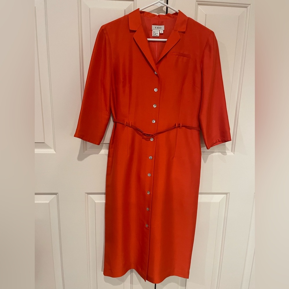 Tao Vintage Orange 100% Silk, mid-sleeve, button front, belted Coat Dress